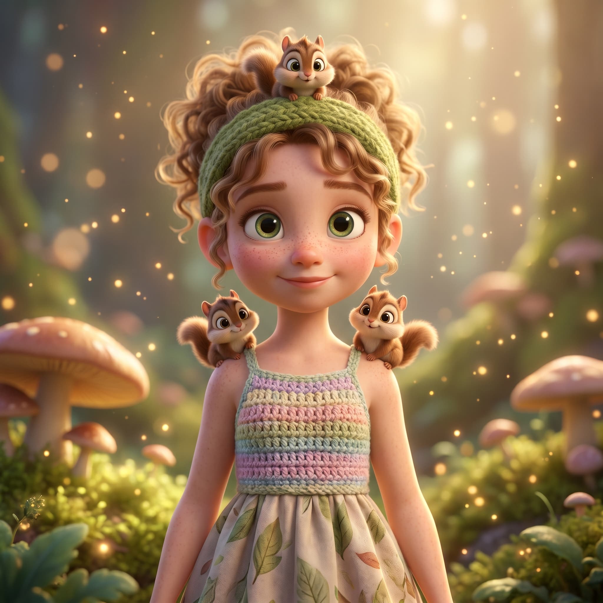 Cute 3D animated fairy girl with freckles and chipmunks on her shoulders in a magical forest with warm soft lighting and cinematic bokeh