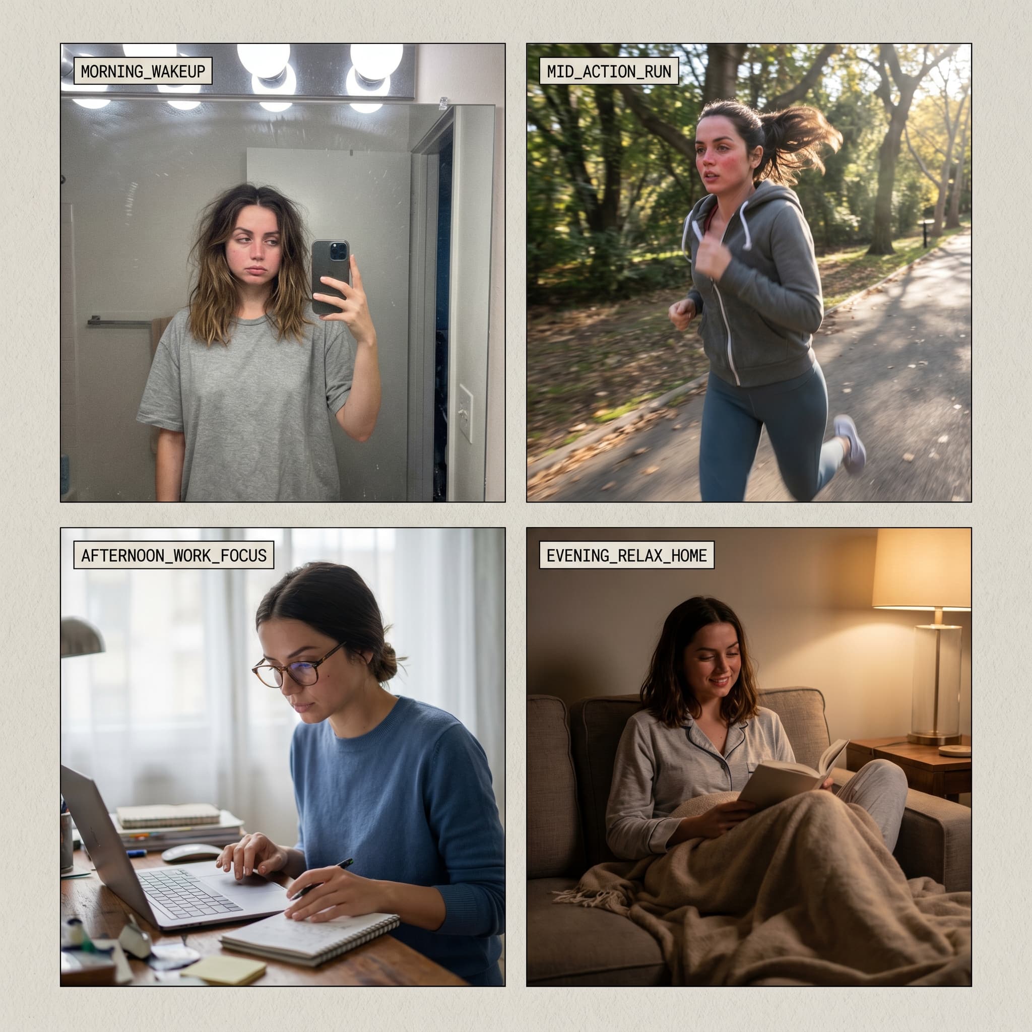 Authentic smartphone-style 2x2 photo grid of a woman’s daily routine, including a bathroom mirror selfie, morning run, cafe coffee break, and outdoor breakfast