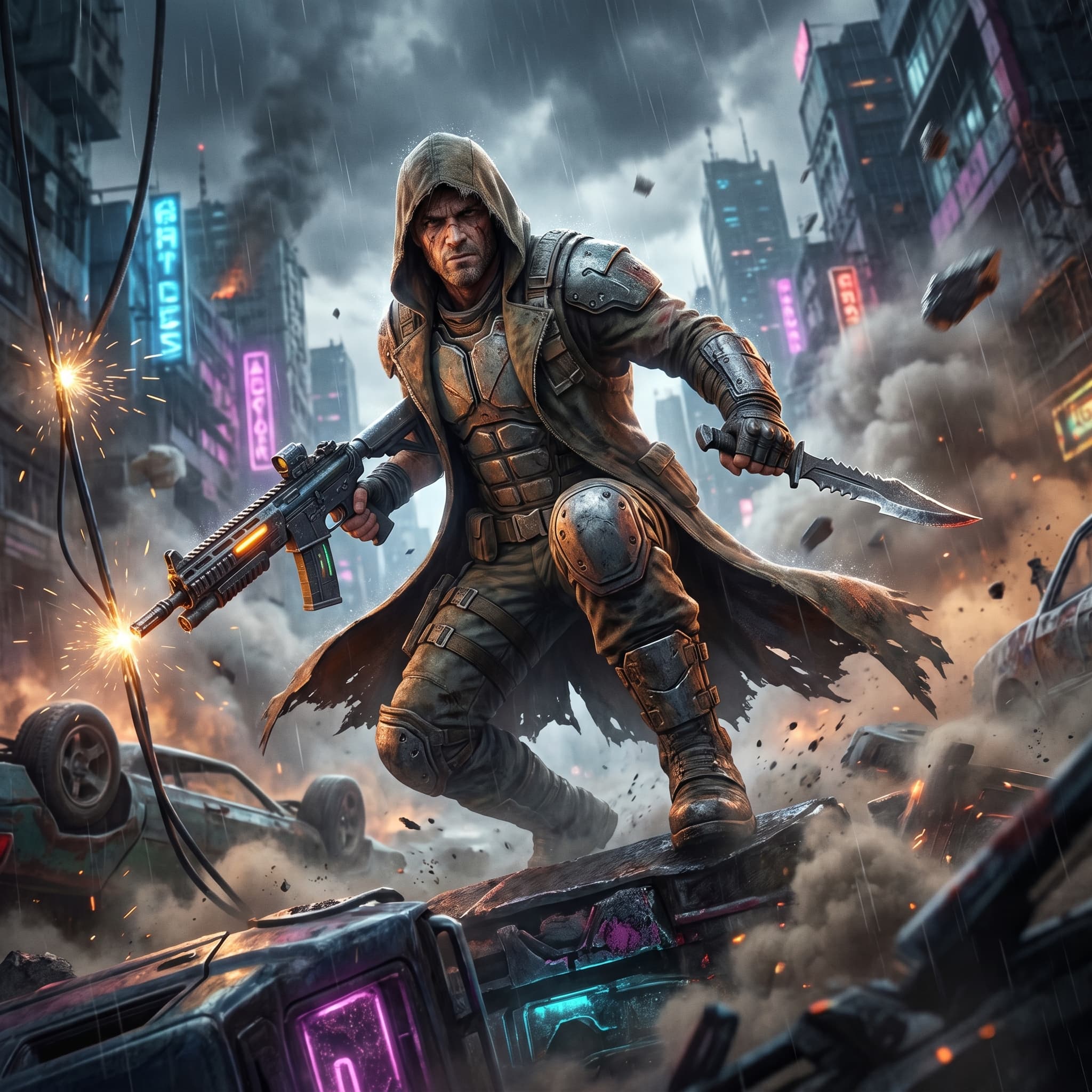 Hyper-realistic action movie poster scene of an armed character in a ruined dystopian city, surrounded by smoke, sparks, debris, and cinematic lighting