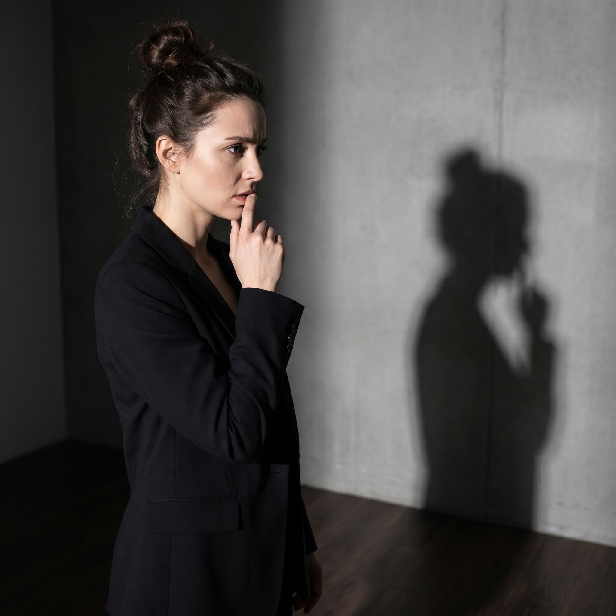 A pensive young woman in a black blazer stands in soft light, her shadow forming devil horns on the wall, symbolizing inner conflict and hidden thoughts.