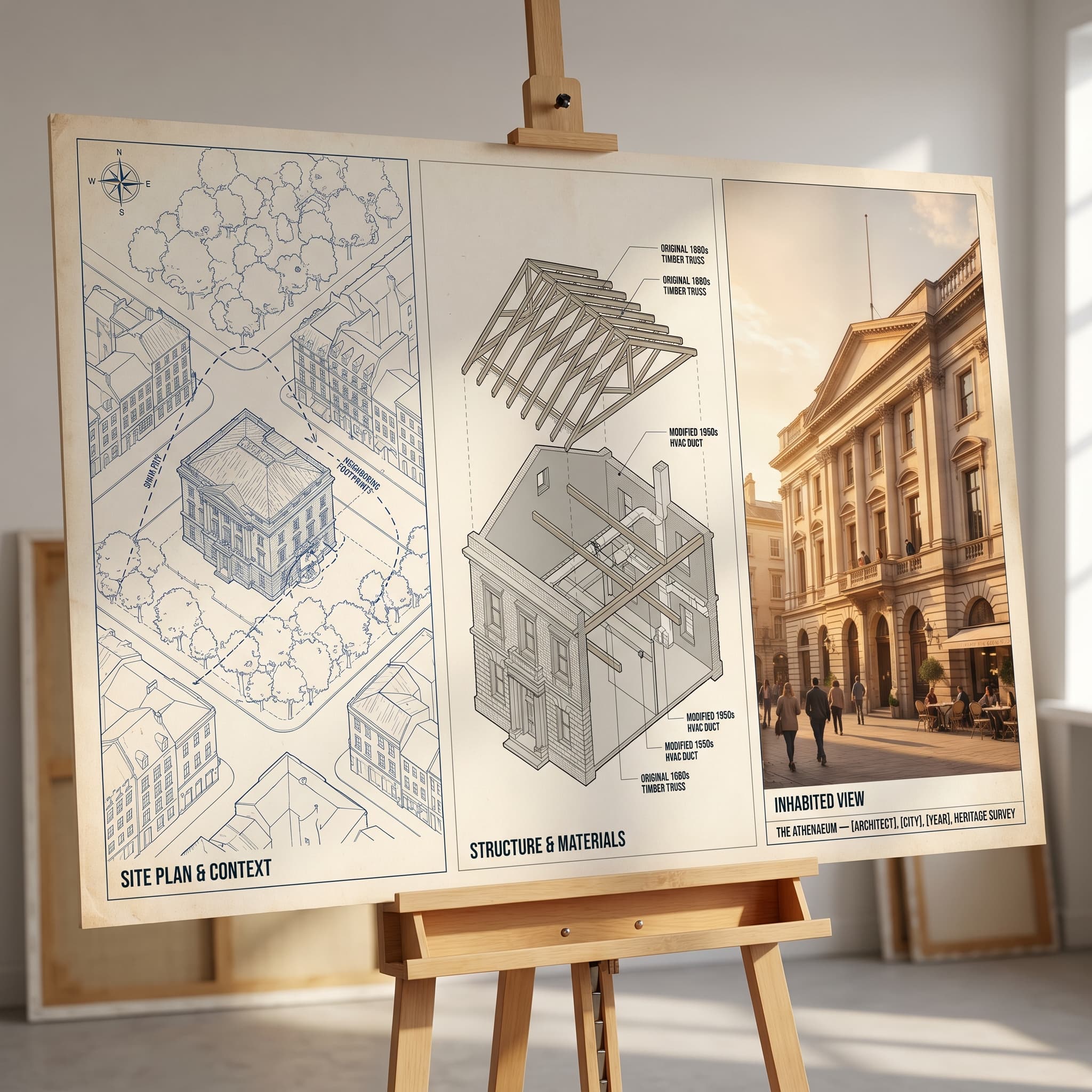 Preservation architecture survey board for a historic building, combining urban site context, structural cutaway diagrams, material callouts, and an inhabited golden-hour exterior view