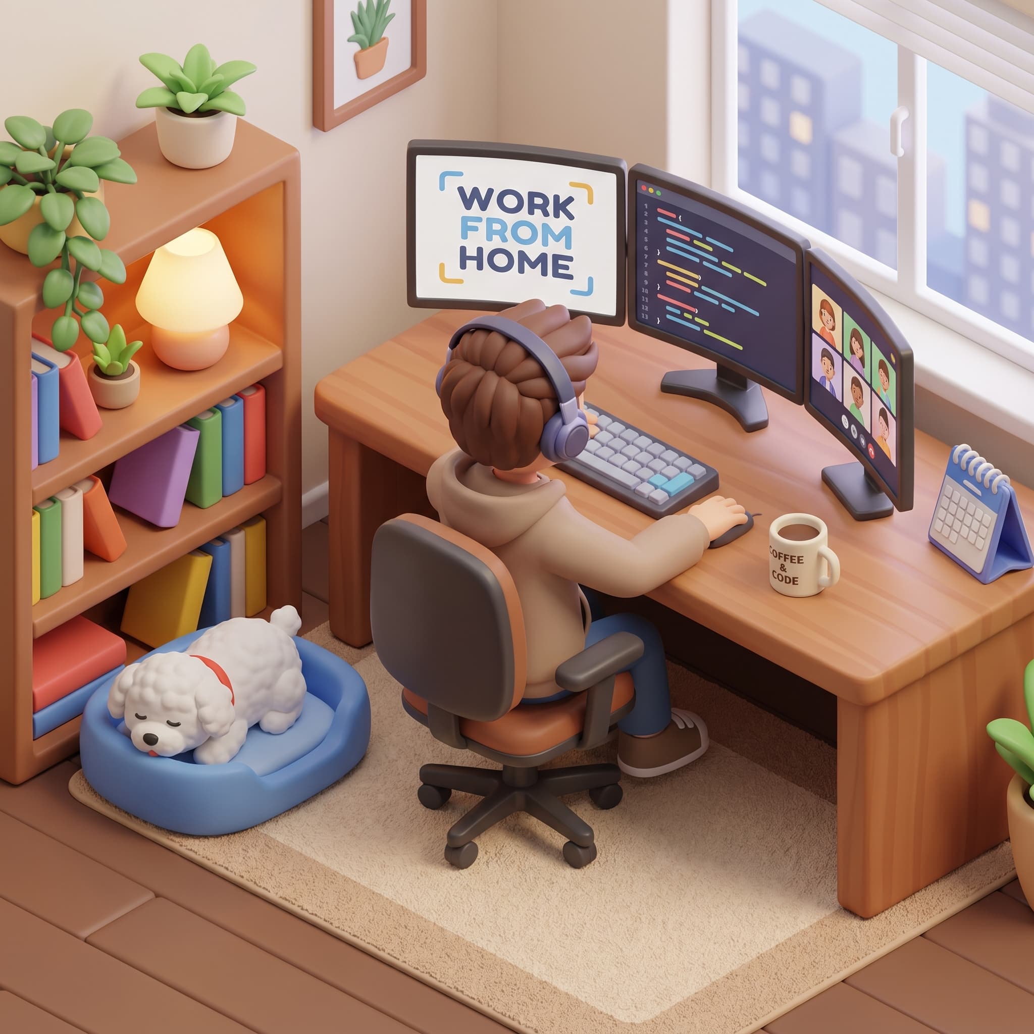 Create a 3D isometric view of a home office