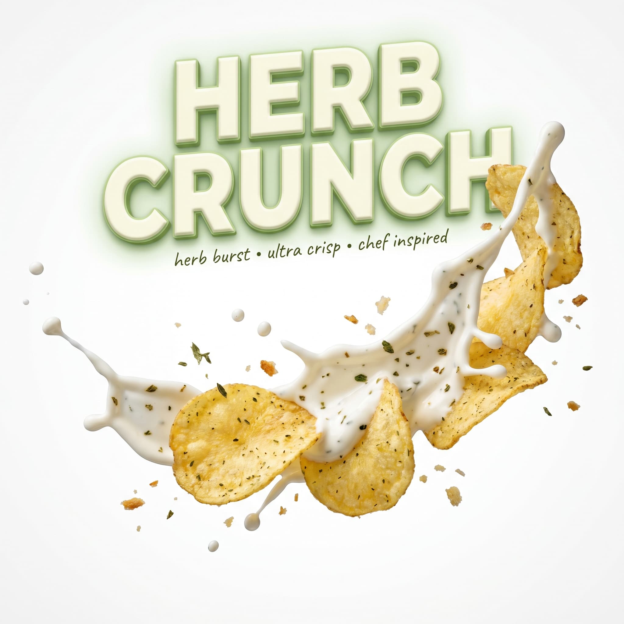 Vertical macro food advertising image showing assorted crispy chips, cream splashes, seasoning particles, crumbs, and playful 3D snack flavor typography on a clean white background