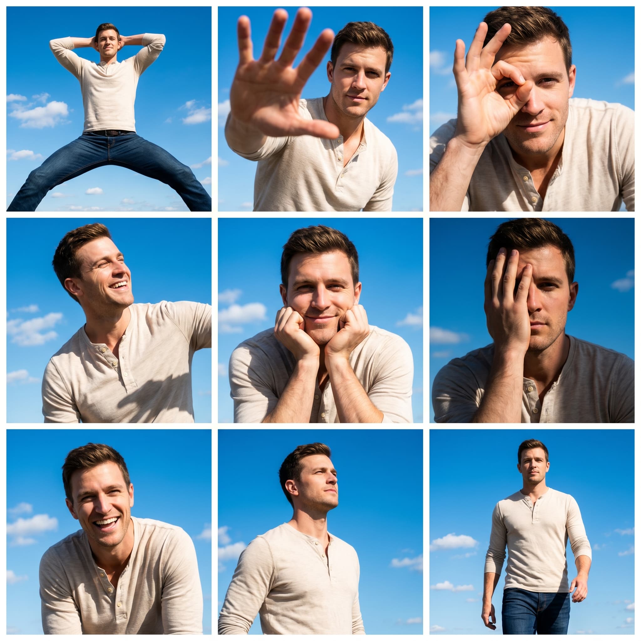 High-resolution 3x3 lifestyle lookbook collage showing a male subject in nine dynamic poses, wearing a beige henley and jeans under harsh sunlight against a blue sky