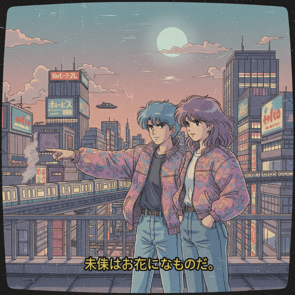 Retro Japanese anime OVA scene in a 4:3 frame with faded pastel colors, hand-drawn cel animation, VHS effects, CRT scanlines, and pixelated yellow subtitles