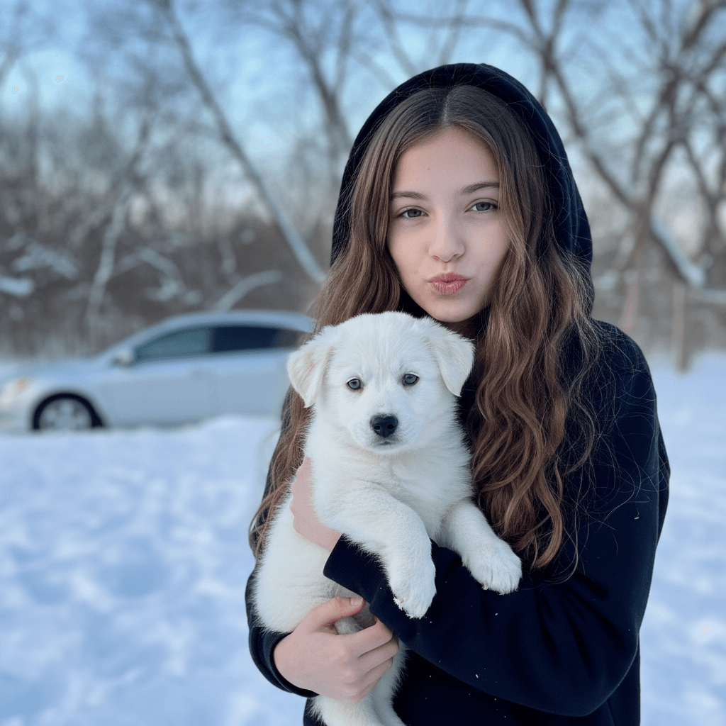 A young girl in a black hoodie holds a small white puppy outdoors in the snow, with bare trees and a car in the background.